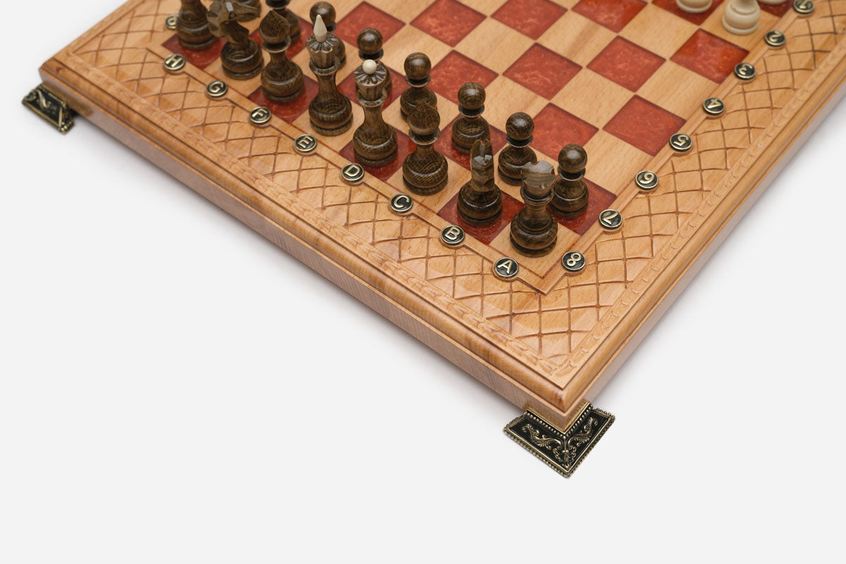 Close-up of the light wooden chess pieces