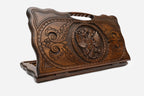Carved Russian backgammon board with the double-headed eagle and a cut-out carry handle, propped open