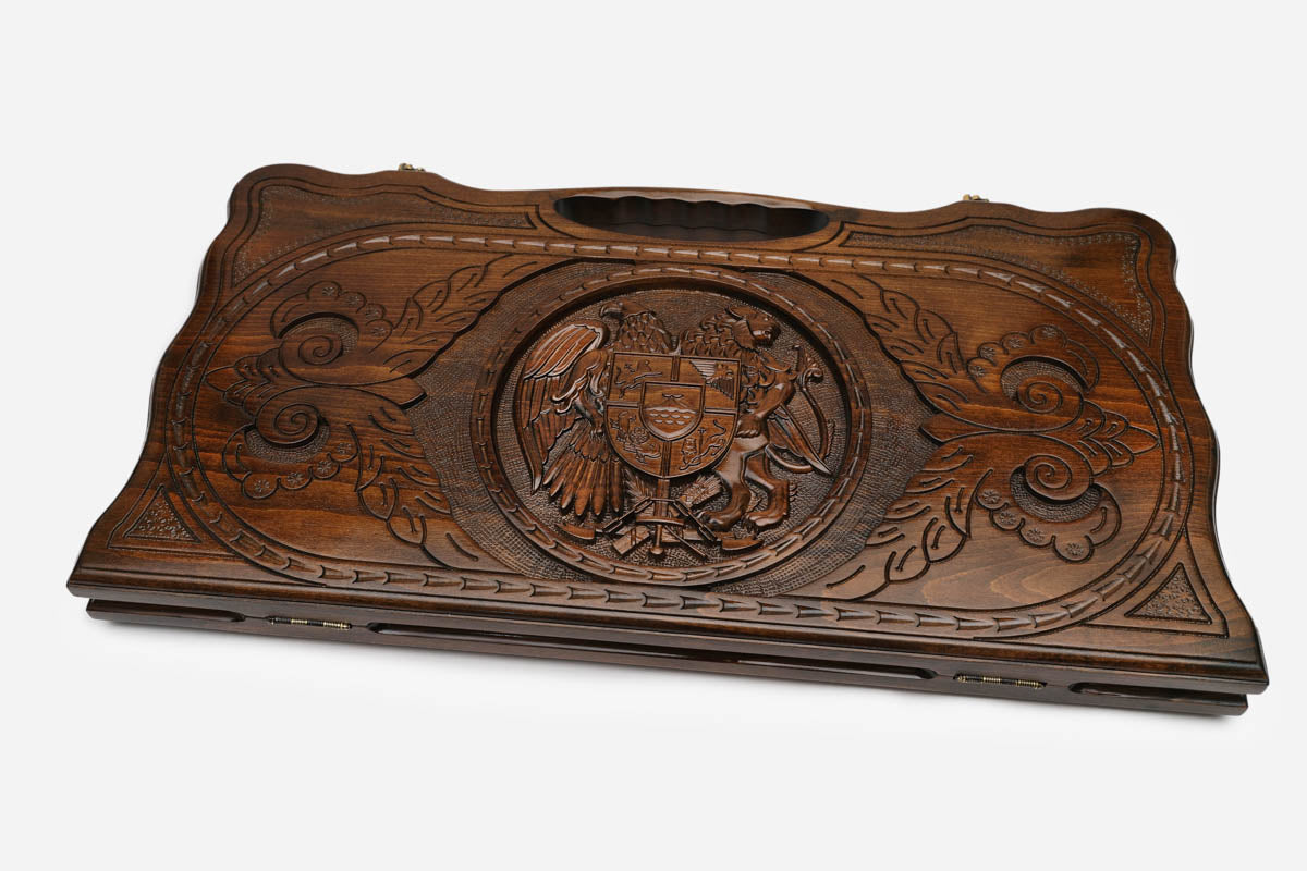 The Armenian backgammon board opened to the full 60 cm wooden playing field