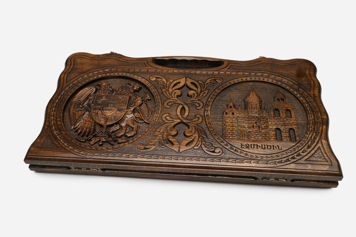 The Armenian backgammon board opened to the full 60 cm wooden playing field