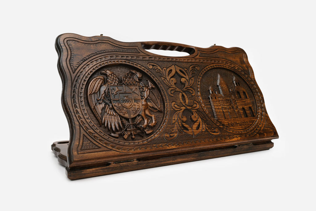 Carved Armenian backgammon board with the coat of arms and Etchmiadzin Cathedral, cut-out carry handle, propped open