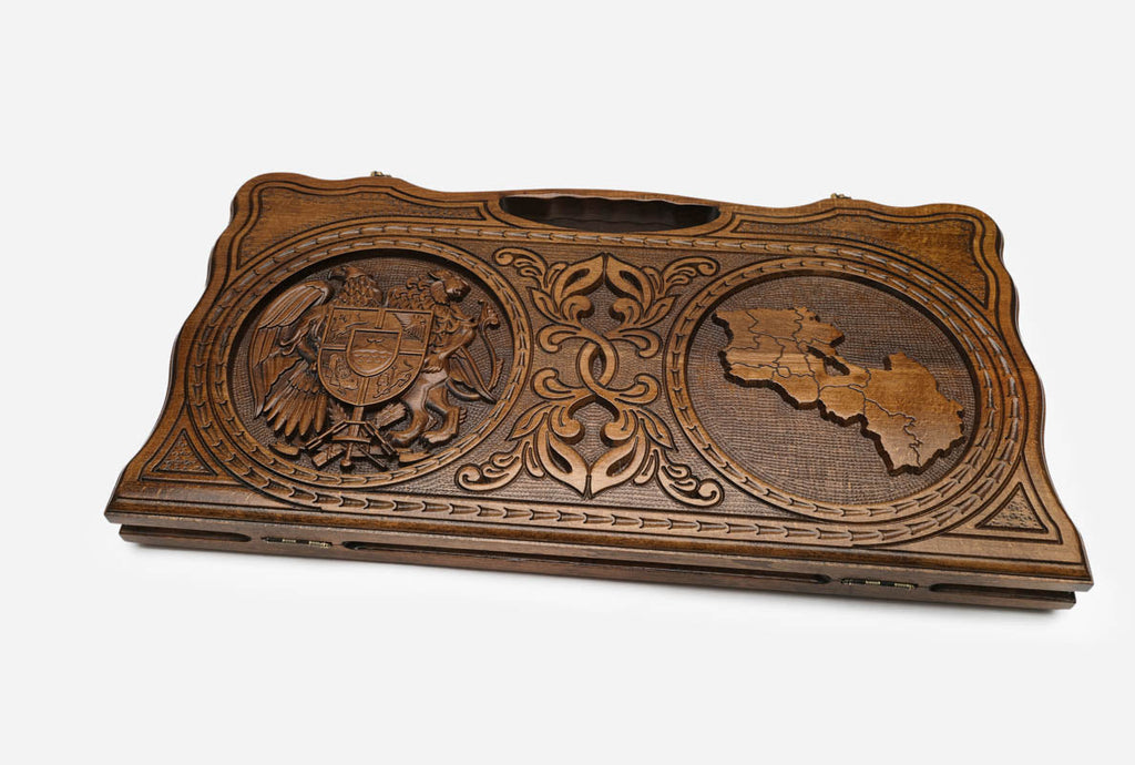 The Armenian backgammon board opened to the full 60 cm wooden playing field