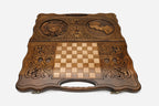 Angled view of the handmade Armenian backgammon set showing both carvings