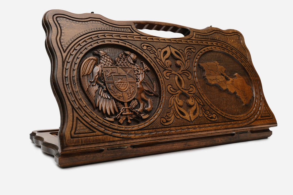 Carved Armenian backgammon board with the coat of arms and the map of Armenia, cut-out carry handle, propped open