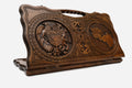 Carved Armenian backgammon board with the coat of arms and the map of Armenia, cut-out carry handle, propped open