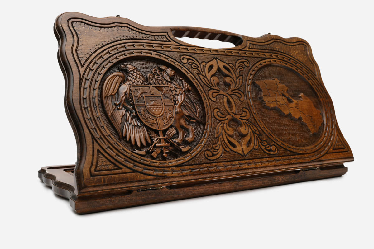 Carved Armenian backgammon board with the coat of arms and the map of Armenia, cut-out carry handle, propped open