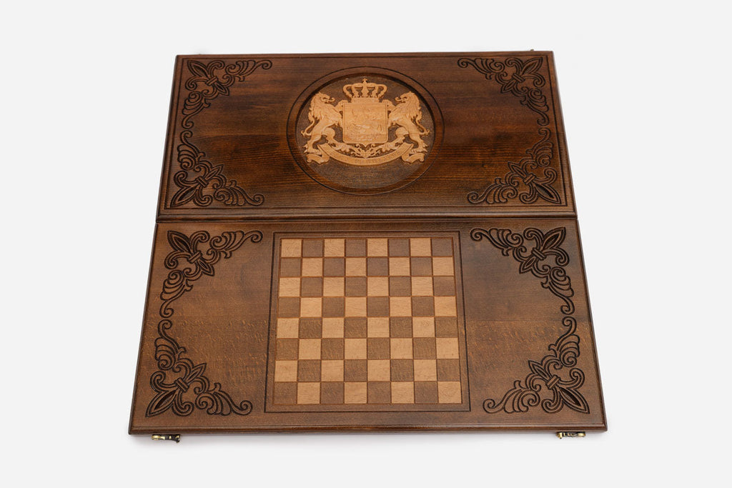 Crowned coat of arms with St. George and lions hand-carved in wood - backgammon board