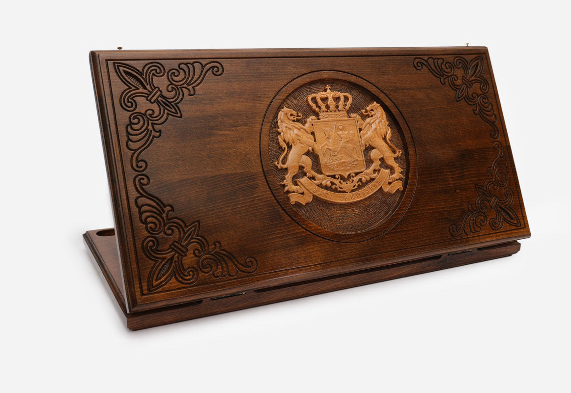 Georgian Backgammon Set with Crown and Coat of Arms - handmade wooden board