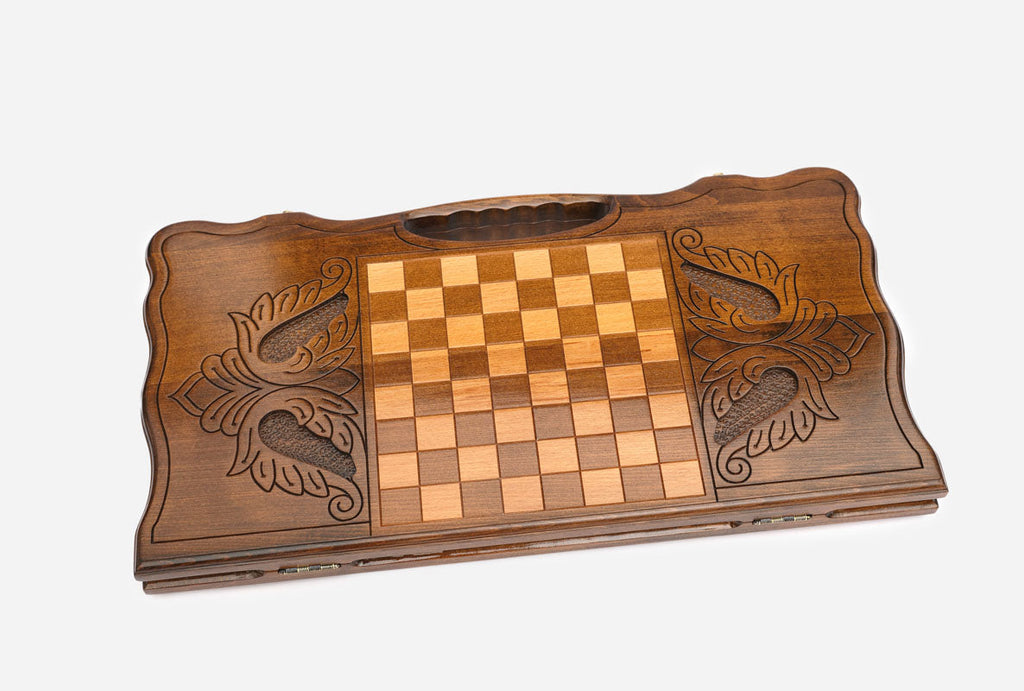 The Georgian backgammon board opened to the full 60 cm wooden playing field