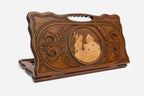 Carved Georgian backgammon board with King Vakhtang Gorgasali on horseback and a cut-out carry handle, propped open