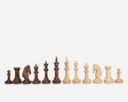 Angled view of the 60 cm Mount Ararat chess set with its beech and walnut pieces