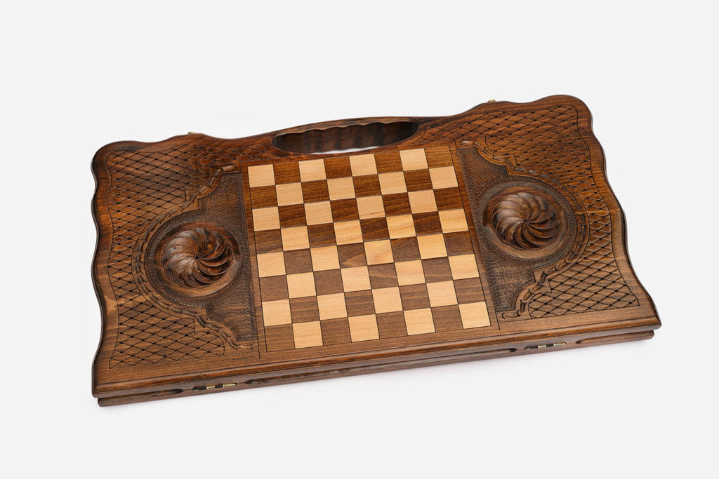 The backgammon board opened to the full 60 cm wooden playing field