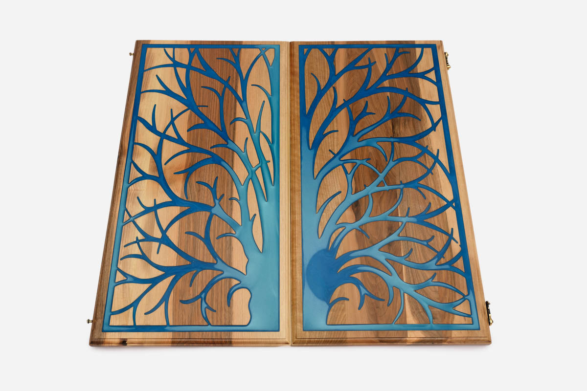 Angled view of the luxury walnut epoxy backgammon set