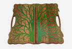 Angled view of the luxury walnut epoxy backgammon set with its carry handle