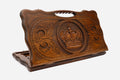 Carved beechwood backgammon board with a royal crown and carry handle, propped open