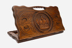 Carved beechwood backgammon board with a royal crown and carry handle, propped open