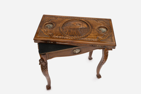 Eagle backgammon table closed, angled view showing the carved eagle legs and lid