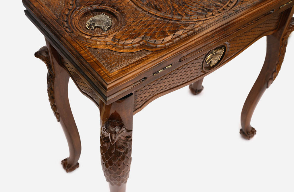 Eagle backgammon table closed, front view showing the carved eagle head