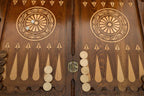 Close-up of the checkers, dice and cup on the eagle backgammon table