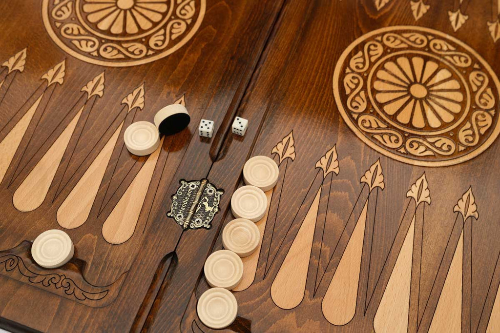 Eagle backgammon table set up for play, angled view