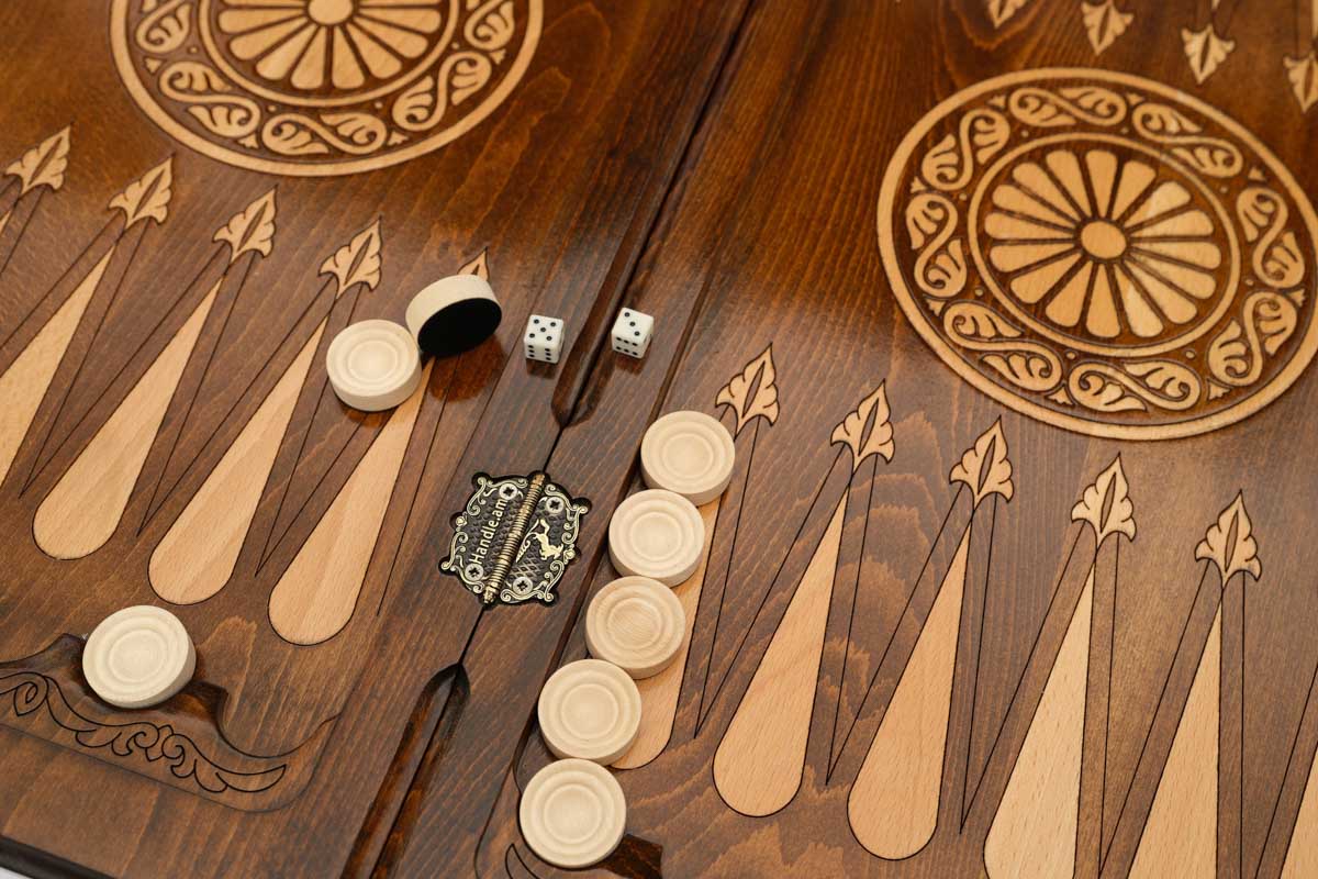 Eagle backgammon table set up for play, angled view