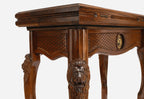 Lion backgammon table opened flat with checkers set up, top-down view
