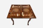 Lion backgammon table set up for play, angled view