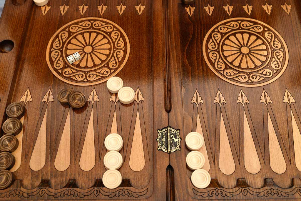 Lion backgammon table closed, angled view of the lid and carved legs