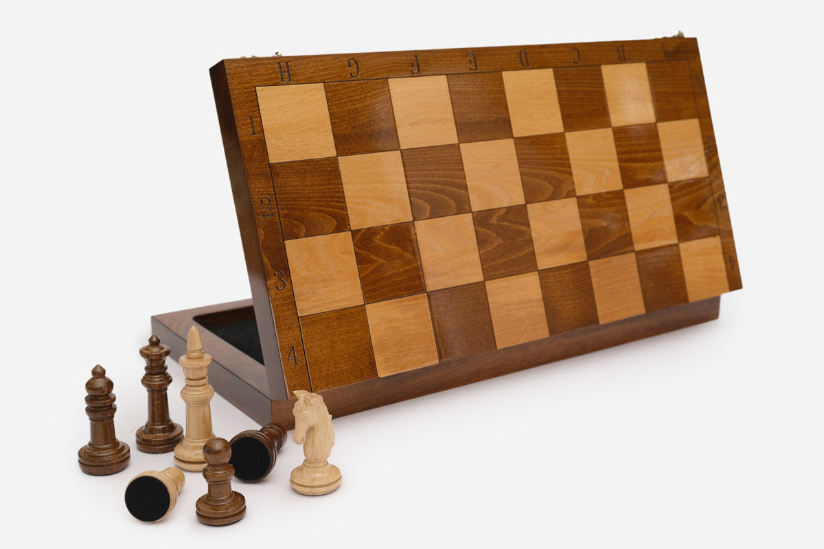 Classic tournament chess set shown folded