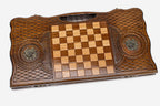 Angled view of the Armenian coat of arms bronze backgammon board