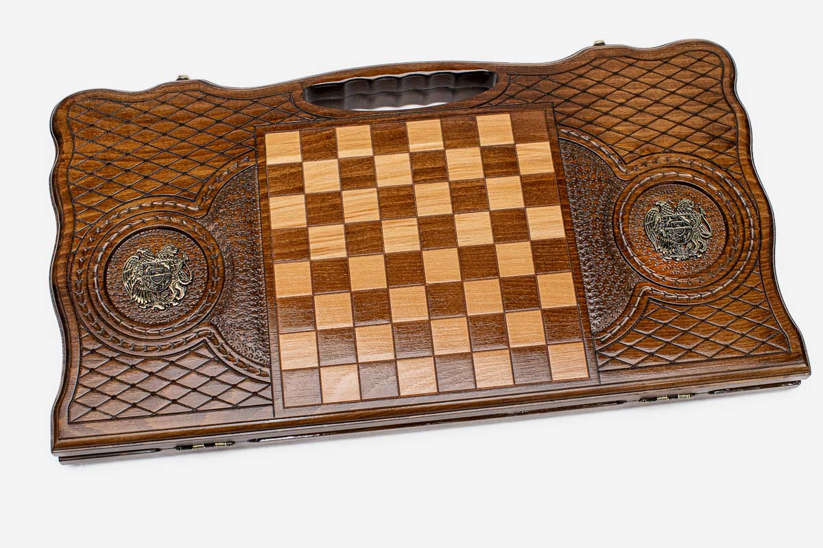 Angled view of the Armenian coat of arms bronze backgammon board