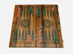 Angled view of the luxury walnut epoxy backgammon set