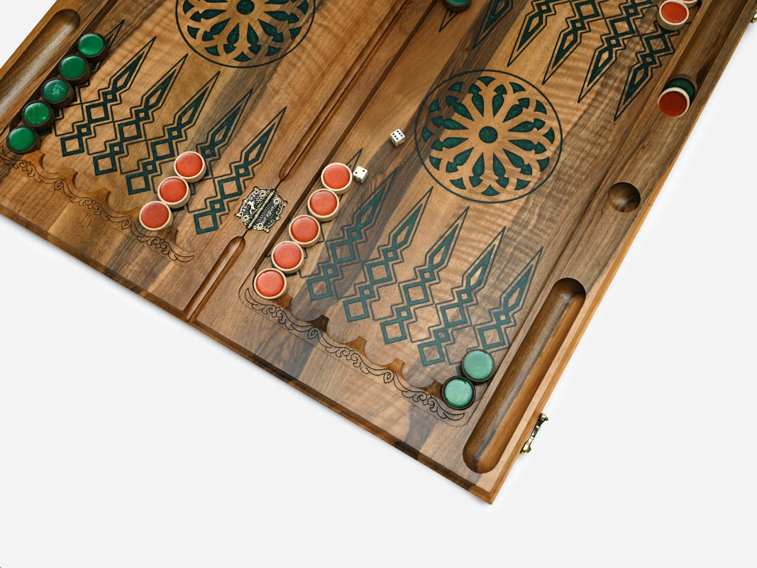 The blue diamond backgammon board shown flat