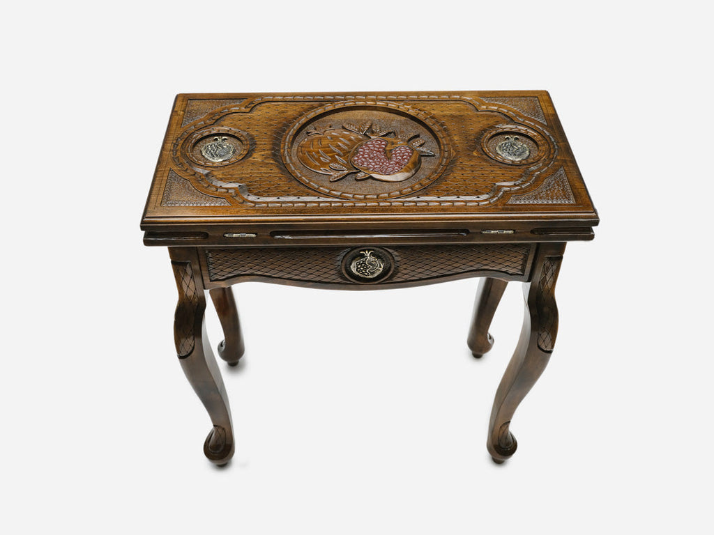 Armenian backgammon table with a bronze pomegranate on the closed lid, front view