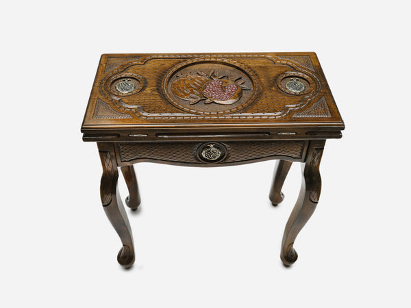 Armenian backgammon table with a bronze pomegranate on the closed lid, front view