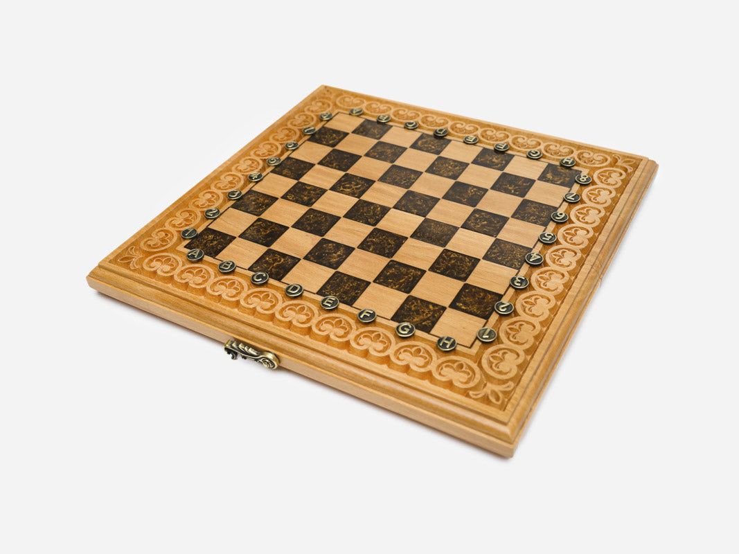 Top-down view of the marbled brown epoxy squares against the pale beech field