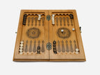 Angled view of the brown epoxy chess board with its figural wooden pieces in position