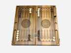 Angled view of the luxury walnut Armenian alphabet epoxy backgammon set