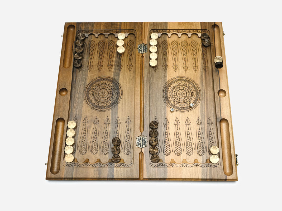 Angled view of the luxury walnut Armenian alphabet epoxy backgammon set