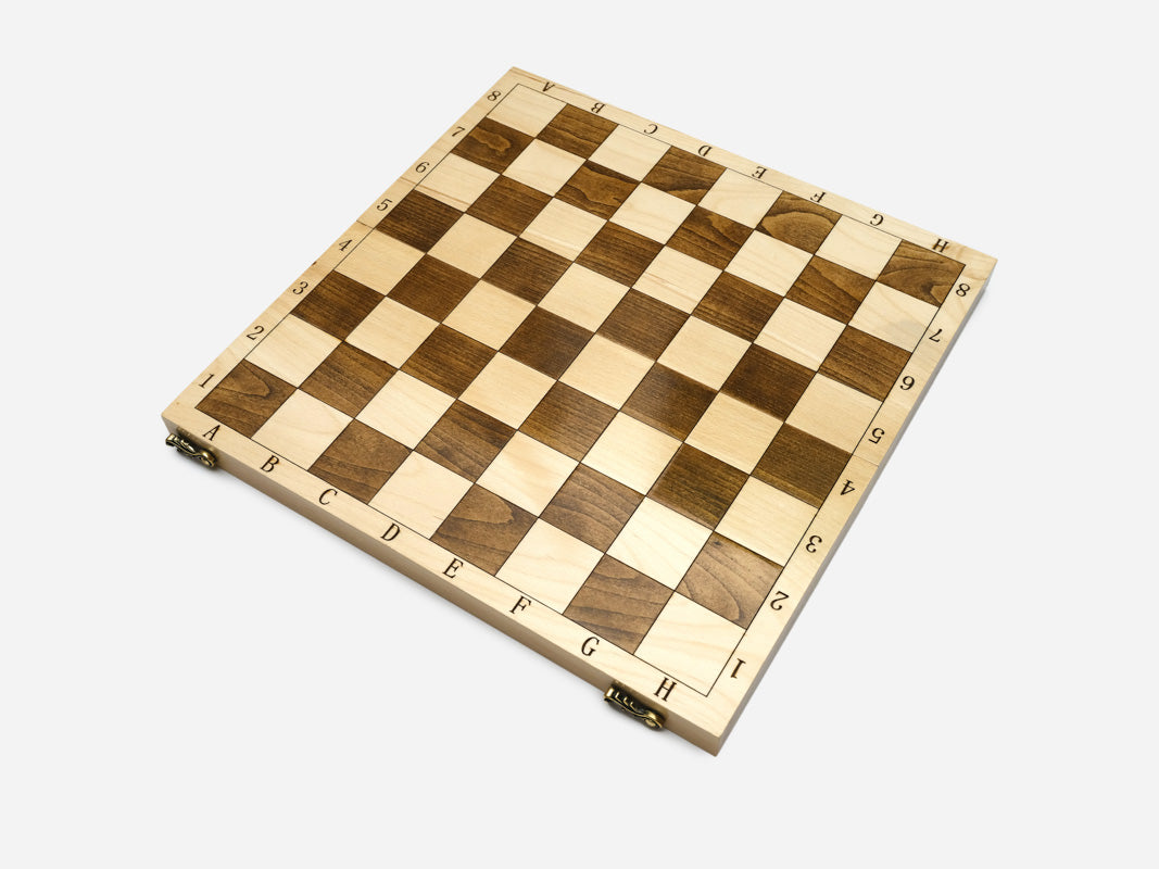 Folding wooden chess set with bronze clasps