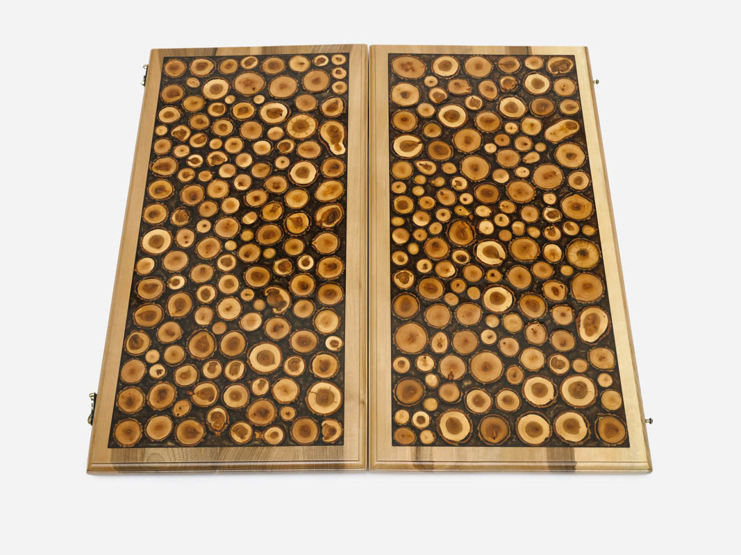 Close-up of the end-grain wood rounds embedded in epoxy