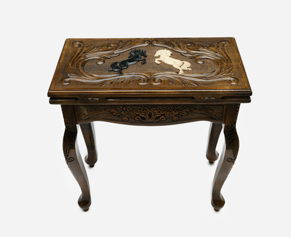 Backgammon table closed, front view showing the inlaid rearing horses