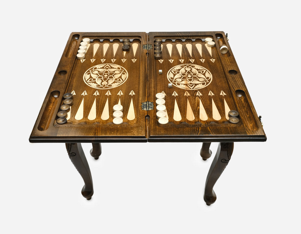 Rearing horses backgammon table closed, angled view of the carved legs