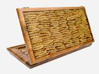Angled view of the wheat epoxy backgammon board