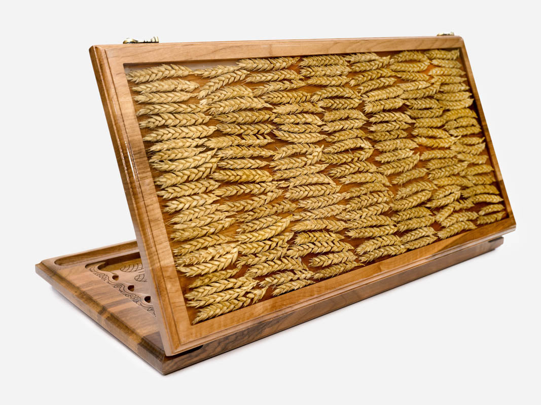 Angled view of the wheat epoxy backgammon board