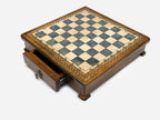 Gray epoxy chess set, close-up corner view of the marbled resin squares