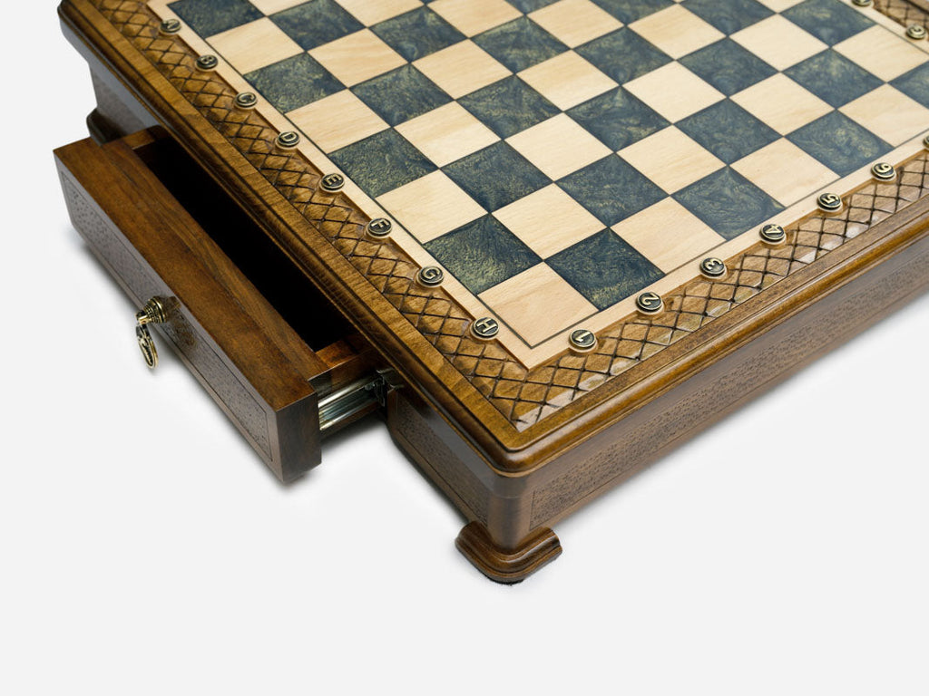 Gray epoxy chess set set up for play, straight front view