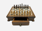 Gray epoxy chess set with the storage drawer open, front view