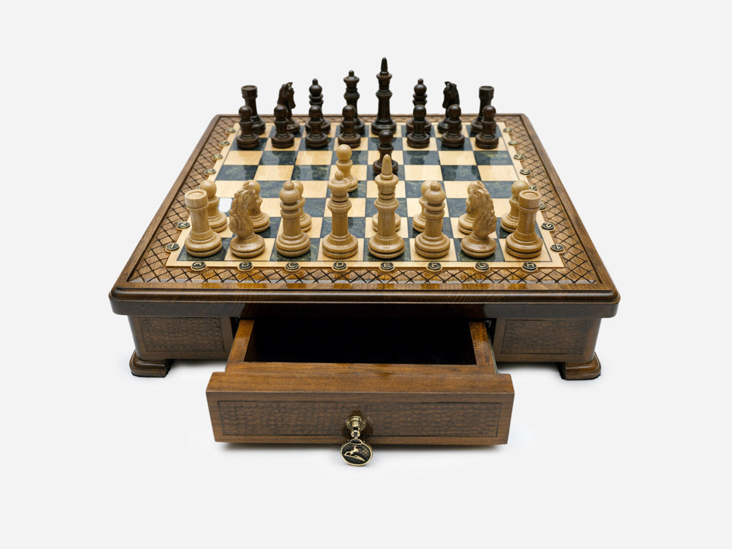 Gray epoxy chess set with the storage drawer open, front view