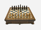 Gray epoxy chess set with wood pieces set up for play, front view